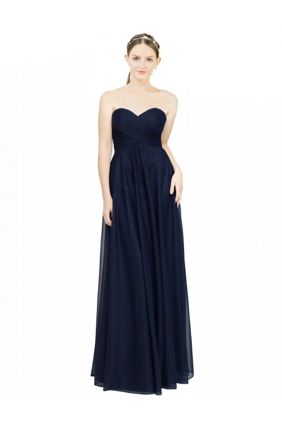 Bleu marine foncé Trapèze Sans bretelle Mousseline Longue Robes demoiselle d'honneur à Bas Prix