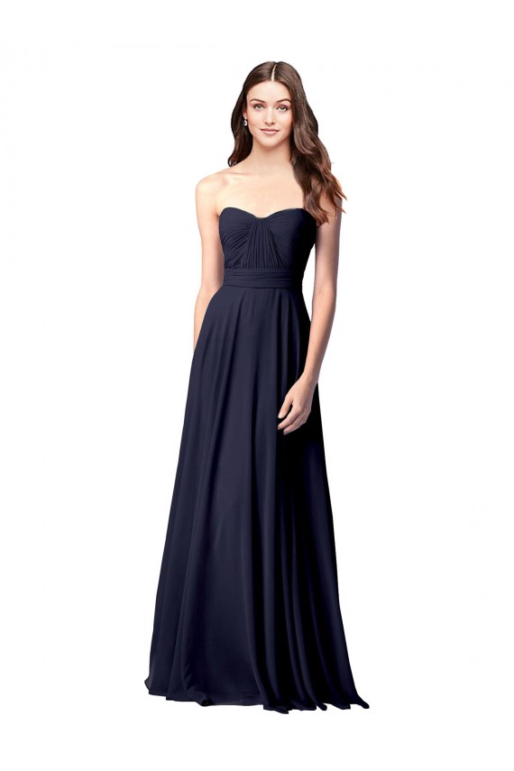 Bleu marine foncé Trapèze Sans bretelle Mousseline Longue Robes demoiselle d'honneur à Bas Prix