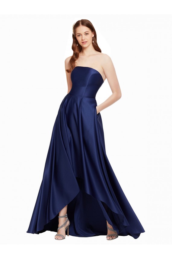 Bleu marine foncé Trapèze Sans bretelle Satiné Longue Asymétrique Formelles Robes demoiselle d'honneur / Robes de soirée / Robes de bal à Bas Prix