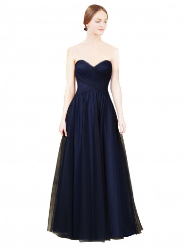 Bleu marine foncé Trapèze Sans bretelle Tulle Longue Robes demoiselle d'honneur à Bas Prix