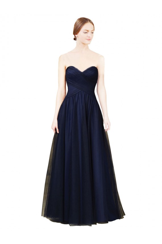 Bleu marine foncé Trapèze Sans bretelle Tulle Longue Robes demoiselle d'honneur à Bas Prix