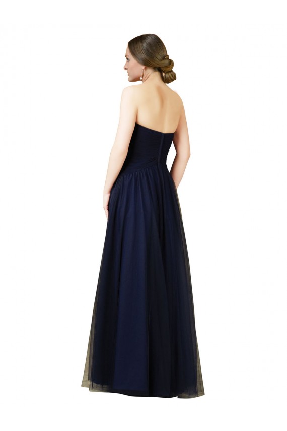 Bleu marine foncé Trapèze Sans bretelle Tulle Longue Robes demoiselle d'honneur à Bas Prix
