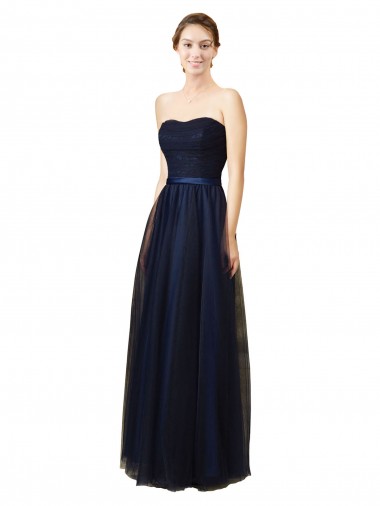 Bleu marine foncé Trapèze Sans bretelle Tulle Longue Robes demoiselle d'honneur à Bas Prix