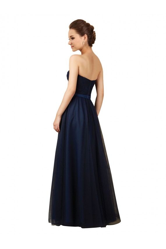 Bleu marine foncé Trapèze Sans bretelle Tulle Longue Robes demoiselle d'honneur à Bas Prix
