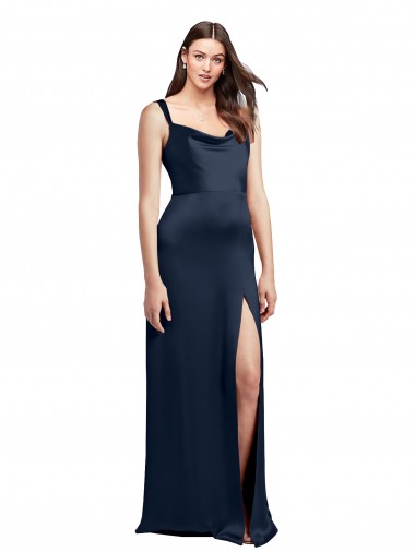 Bleu marine foncé Trapèze Satiné Stretch Longue Formelles Robes demoiselle d'honneur / Robes de soirée / Robes de bal à Bas Prix