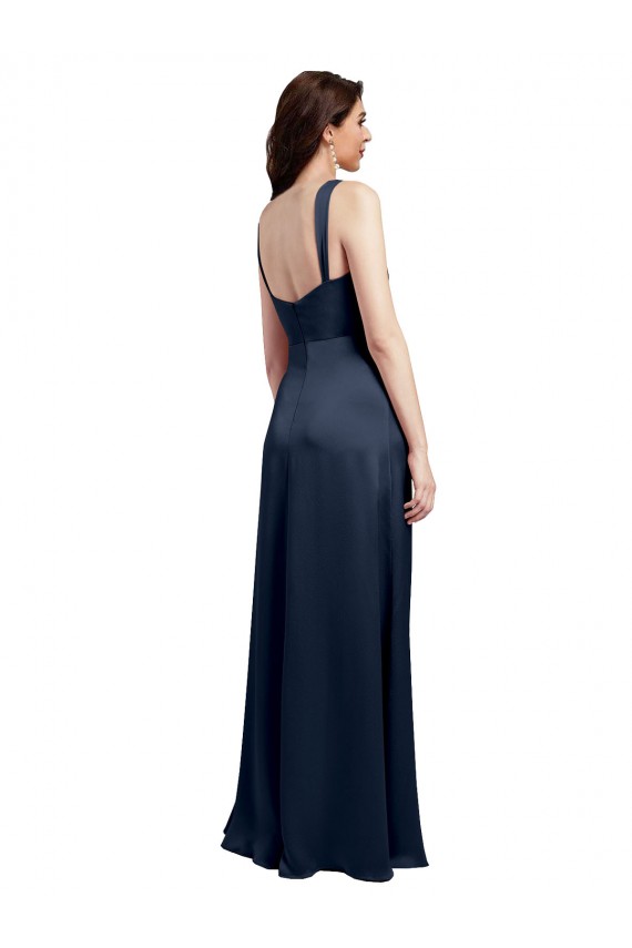 Bleu marine foncé Trapèze Satiné Stretch Longue Formelles Robes demoiselle d'honneur / Robes de soirée / Robes de bal à Bas Prix