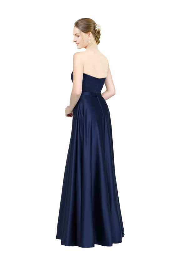 Bleu marine foncé Trapèze Satiné Stretch Longue Formelles Robes demoiselle d'honneur / Robes de soirée à Bas Prix