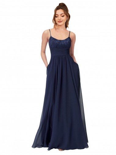 Bleu marine foncé Trapèze Scoop Mousseline Dentelle Longue Robes demoiselle d'honneur à Bas Prix