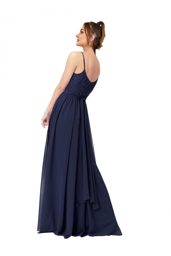 Bleu marine foncé Trapèze Scoop Mousseline Dentelle Longue Robes demoiselle d'honneur à Bas Prix