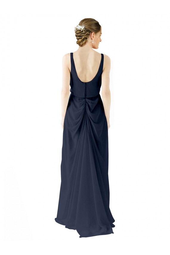 Bleu marine foncé Trapèze Scoop Mousseline Longue Robes demoiselle d'honneur à Bas Prix