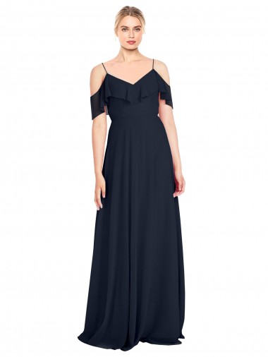 Bleu marine foncé Trapèze Épaule Dénudée Bretelles spaghetti Mousseline Longue Robes demoiselle d'honneur à Bas Prix