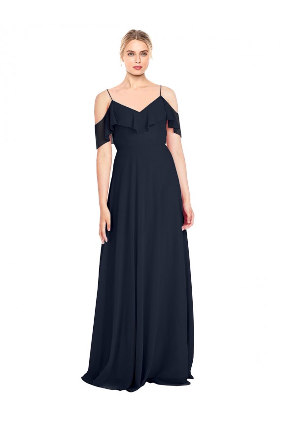Bleu marine foncé Trapèze Épaule Dénudée Bretelles spaghetti Mousseline Longue Robes demoiselle d'honneur à Bas Prix