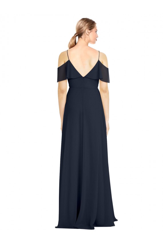 Bleu marine foncé Trapèze Épaule Dénudée Bretelles spaghetti Mousseline Longue Robes demoiselle d'honneur à Bas Prix