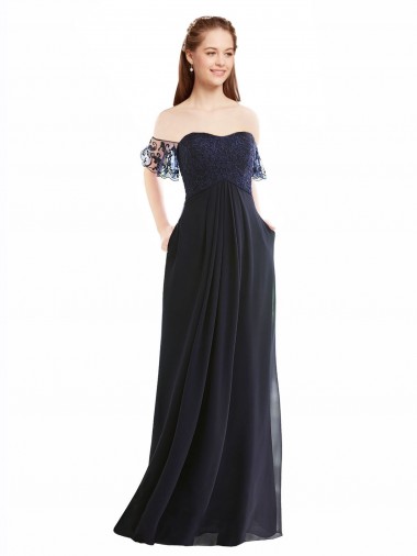 Bleu marine foncé Trapèze Épaule Dénudée Col V Mousseline Dentelle Longue Robes demoiselle d'honneur à Bas Prix