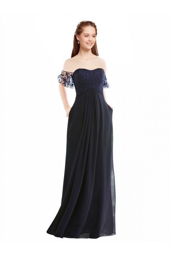 Bleu marine foncé Trapèze Épaule Dénudée Col V Mousseline Dentelle Longue Robes demoiselle d'honneur à Bas Prix