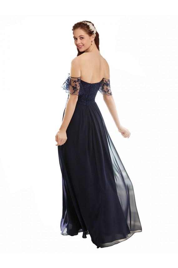 Bleu marine foncé Trapèze Épaule Dénudée Col V Mousseline Dentelle Longue Robes demoiselle d'honneur à Bas Prix