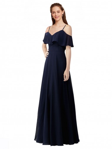 Bleu marine foncé Trapèze Épaule Dénudée Col V Mousseline Longue Robes demoiselle d'honneur à Bas Prix