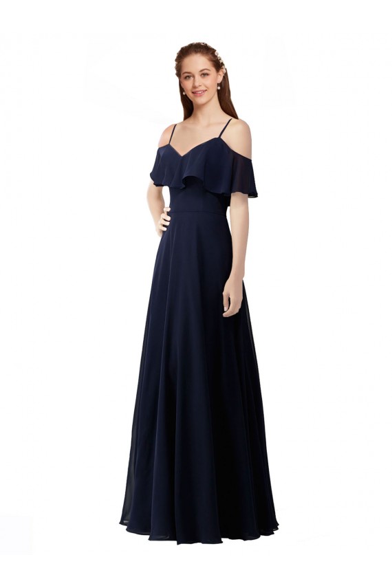 Bleu marine foncé Trapèze Épaule Dénudée Col V Mousseline Longue Robes demoiselle d'honneur à Bas Prix