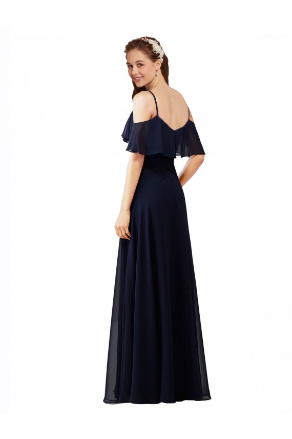 Bleu marine foncé Trapèze Épaule Dénudée Col V Mousseline Longue Robes demoiselle d'honneur à Bas Prix