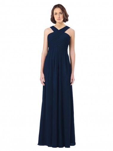 Bleu marine foncé Trapèze Épaule Dénudée Mousseline Longue Robes demoiselle d'honneur à Bas Prix