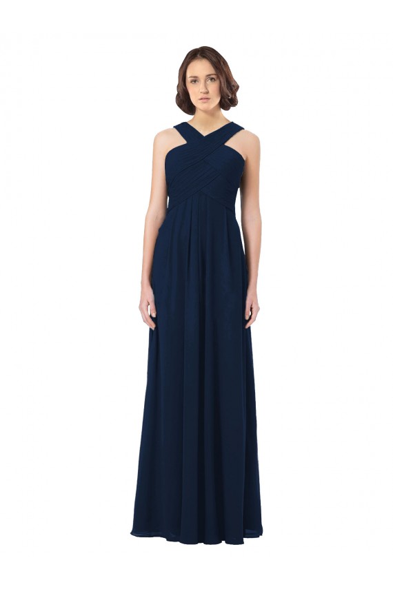 Bleu marine foncé Trapèze Épaule Dénudée Mousseline Longue Robes demoiselle d'honneur à Bas Prix