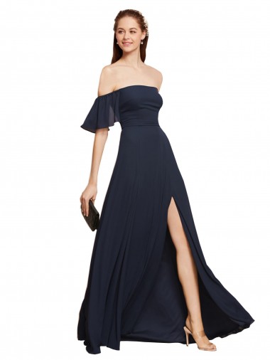 Bleu marine foncé Trapèze Épaule Dénudée Mousseline Longue Robes demoiselle d'honneur / Robes de bal à Bas Prix