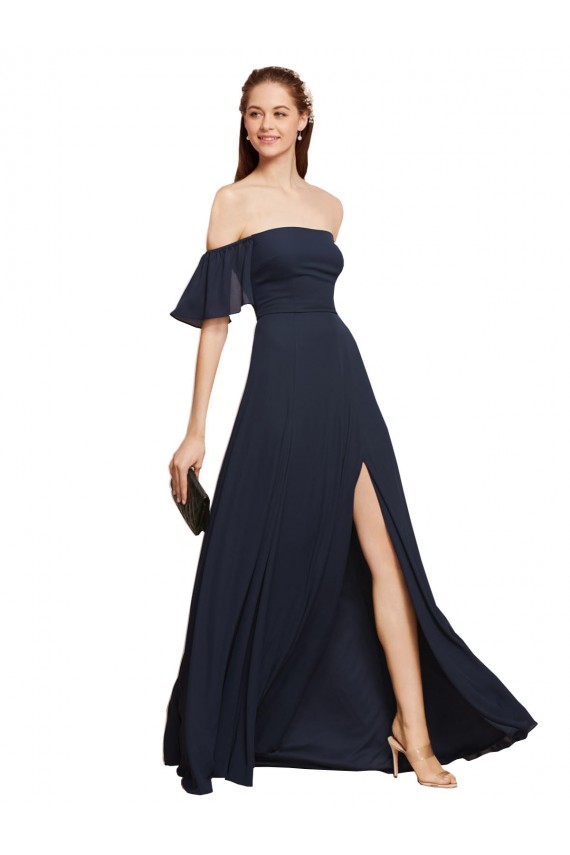 Bleu marine foncé Trapèze Épaule Dénudée Mousseline Longue Robes demoiselle d'honneur / Robes de bal à Bas Prix