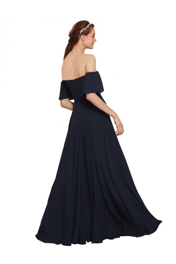 Bleu marine foncé Trapèze Épaule Dénudée Mousseline Longue Robes demoiselle d'honneur / Robes de bal à Bas Prix