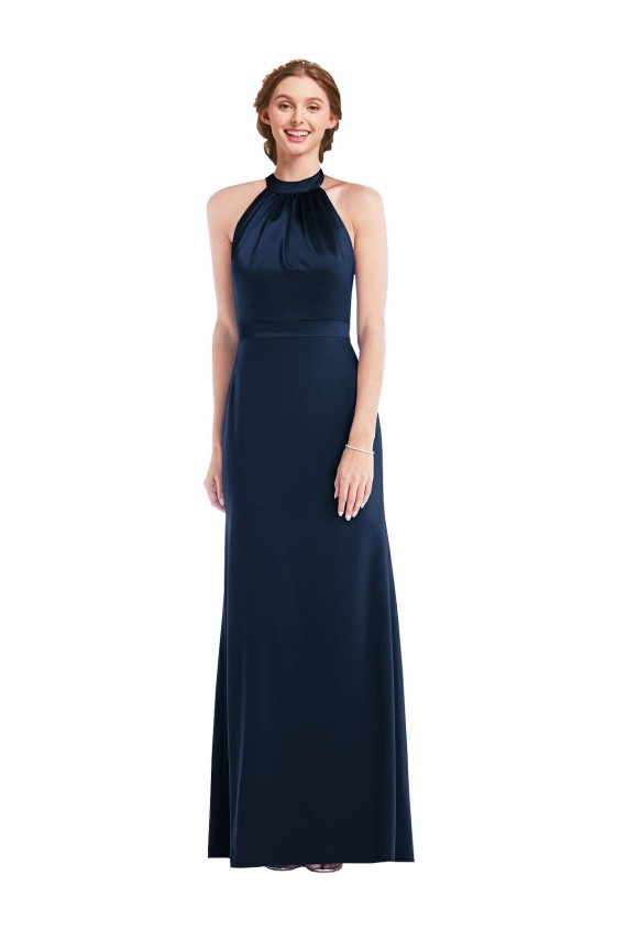 Bleu marine foncé Trompette Col Haut Crêpe Stretch Longue Robes demoiselle d'honneur / Robes de bal à Bas Prix
