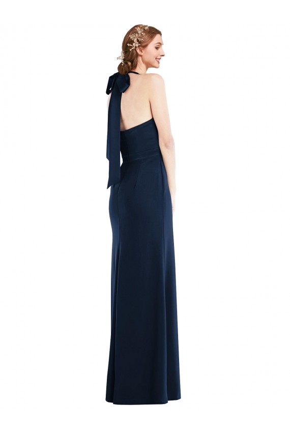 Bleu marine foncé Trompette Col Haut Crêpe Stretch Longue Robes demoiselle d'honneur / Robes de bal à Bas Prix