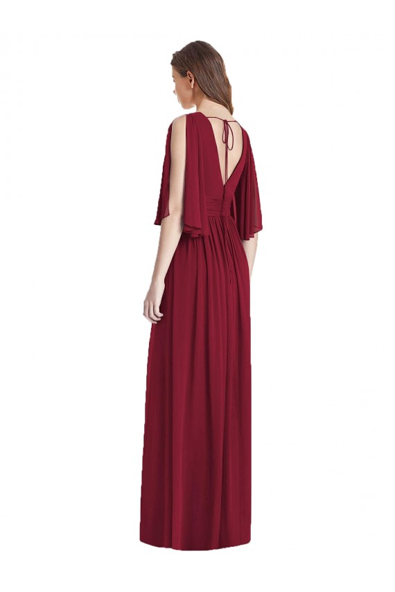 Bleu marine foncé Trompette Col V Mousseline Longue Robes demoiselle d'honneur à Bas Prix