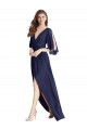 Bleu marine foncé Trompette Col V Mousseline Longue Robes demoiselle d'honneur à Bas Prix