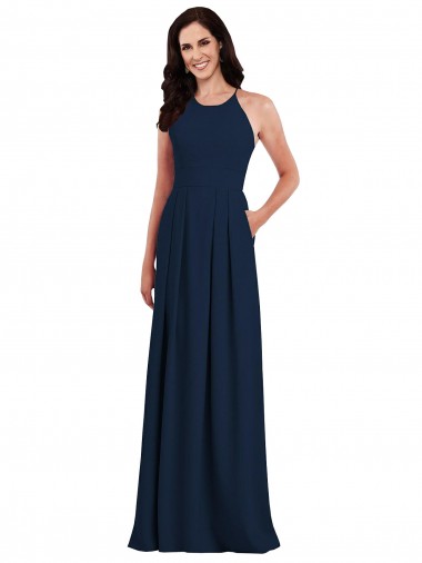 Bleu marine foncé Trompette Licou Crêpe Stretch Longue Robes demoiselle d'honneur à Bas Prix
