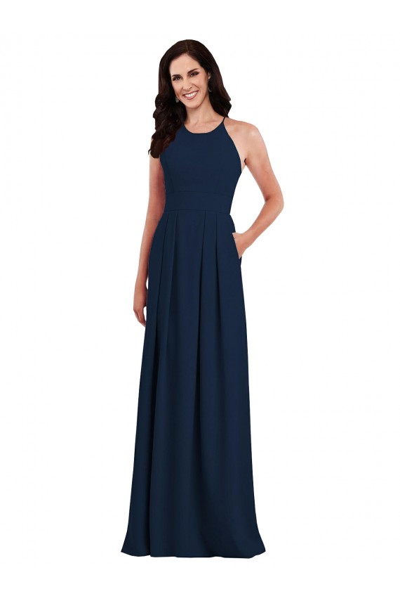 Bleu marine foncé Trompette Licou Crêpe Stretch Longue Robes demoiselle d'honneur à Bas Prix