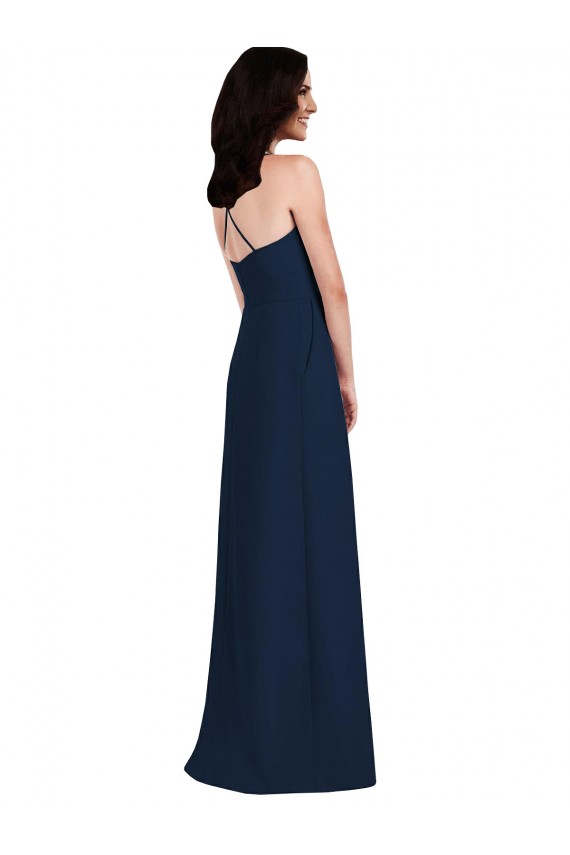Bleu marine foncé Trompette Licou Crêpe Stretch Longue Robes demoiselle d'honneur à Bas Prix