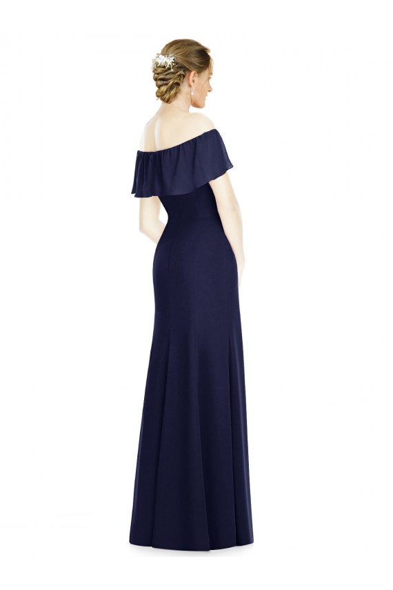 Bleu marine foncé Trompette Épaule Dénudée Mousseline Longue Robes demoiselle d'honneur à Bas Prix