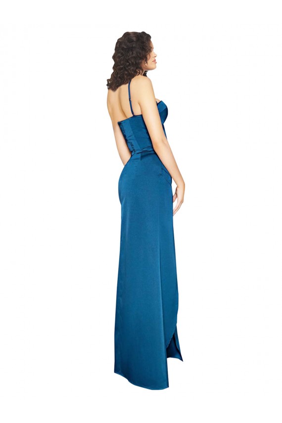 Bleu paon Fourreau Bretelles spaghetti Satiné Soyeux Longue Formelles Robes demoiselle d'honneur / Robes de soirée / Robes de bal à Bas Prix