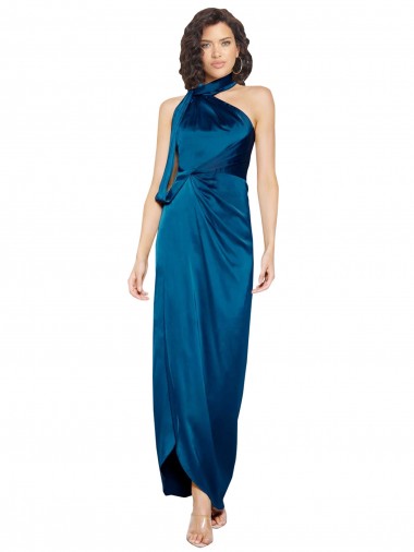 Bleu paon Fourreau Licou Col Haut Satiné Soyeux Longue Formelles Robes demoiselle d'honneur / Robes de soirée / Robes de bal à Bas Prix