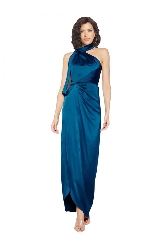 Bleu paon Fourreau Licou Col Haut Satiné Soyeux Longue Formelles Robes demoiselle d'honneur / Robes de soirée / Robes de bal à Bas Prix