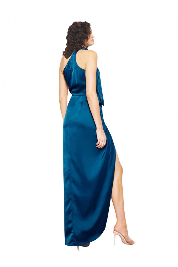 Bleu paon Fourreau Licou Col Haut Satiné Soyeux Longue Formelles Robes demoiselle d'honneur / Robes de soirée / Robes de bal à Bas Prix