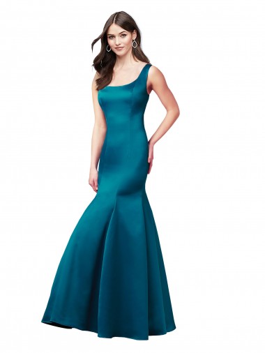 Bleu paon Sirène Bateau Satiné Longue Robes demoiselle d'honneur / Robes de bal à Bas Prix