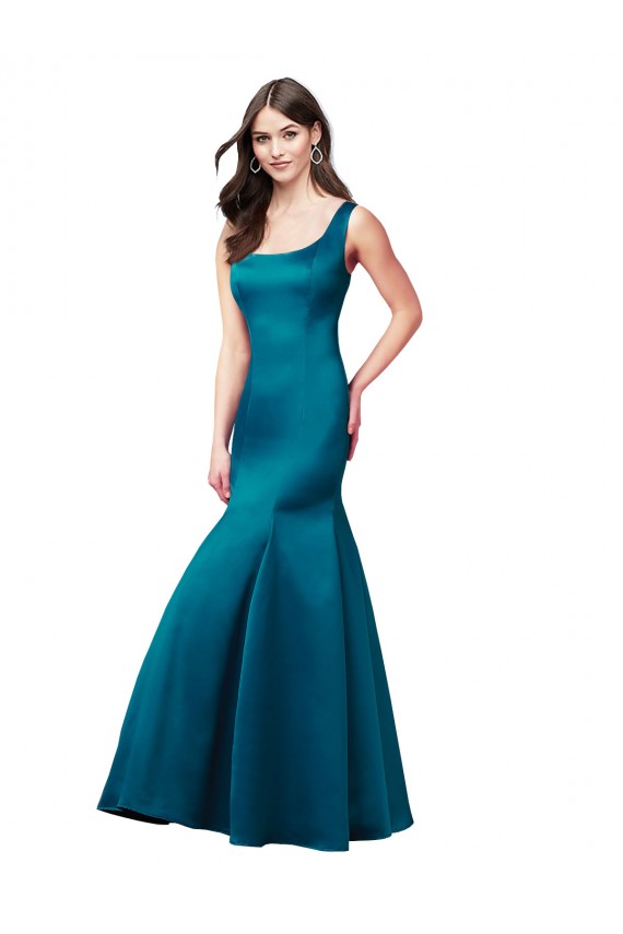 Bleu paon Sirène Bateau Satiné Longue Robes demoiselle d'honneur / Robes de bal à Bas Prix