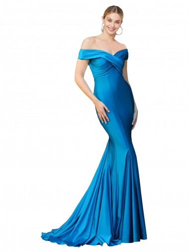 Bleu paon Sirène Épaule Dénudée Satiné Longue Formelles Robes demoiselle d'honneur / Robes de soirée / Robes de bal à Bas Prix