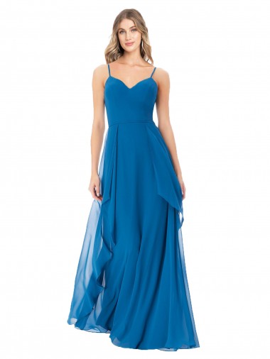 Bleu paon Trapèze Bretelles spaghetti Mousseline Longue Robes demoiselle d'honneur à Bas Prix