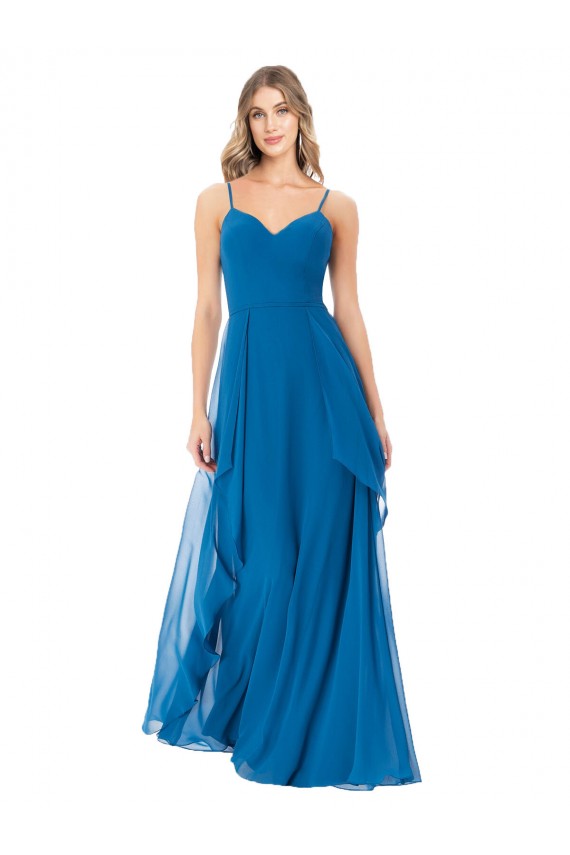 Bleu paon Trapèze Bretelles spaghetti Mousseline Longue Robes demoiselle d'honneur à Bas Prix
