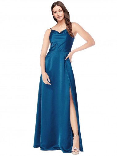 Bleu paon Trapèze Bretelles spaghetti Satiné Soyeux Longue Formelles Robes demoiselle d'honneur / Robes de soirée / Robes de bal à Bas Prix