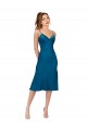 Bleu paon Trapèze Col V midi Satiné Soyeux Courte Robes demoiselle d'honneur / Robes de bal / Robes de cocktail à Bas Prix