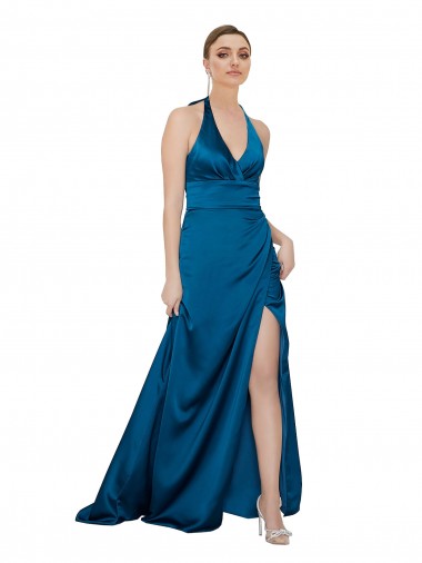 Bleu paon Trapèze Licou Satiné Soyeux Longue Formelles Robes demoiselle d'honneur / Robes de soirée / Robes de bal à Bas Prix