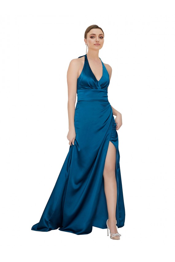 Bleu paon Trapèze Licou Satiné Soyeux Longue Formelles Robes demoiselle d'honneur / Robes de soirée / Robes de bal à Bas Prix