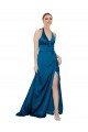 Bleu paon Trapèze Licou Satiné Soyeux Longue Formelles Robes demoiselle d'honneur / Robes de soirée / Robes de bal à Bas Prix
